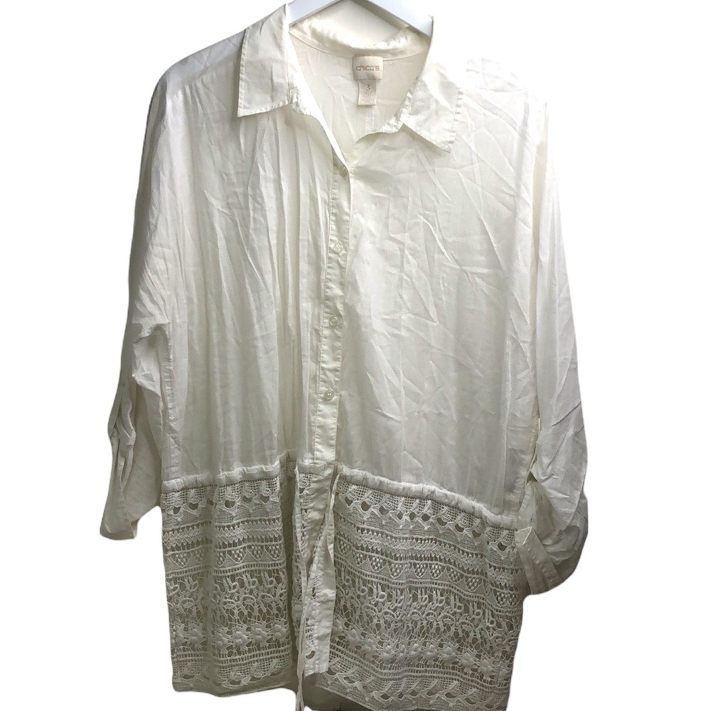 Chico’s all white ivory Long sleeve peplum drawstring button down blouse 3
